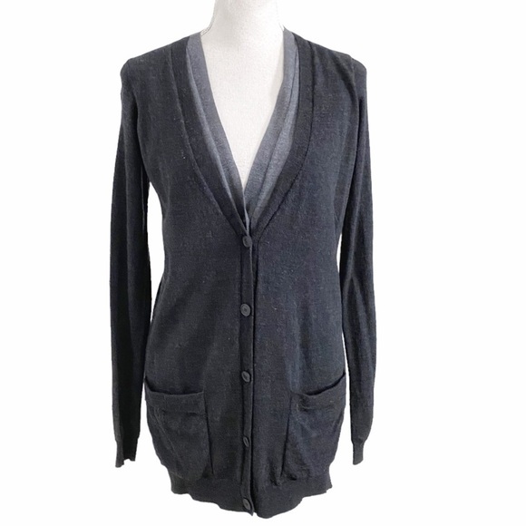 THEORY KRYSSA B PREEN 100% WOOL DARK LIGHT GREY BUTTON DOWN KNITTED CARDIGAN - Picture 1 of 10